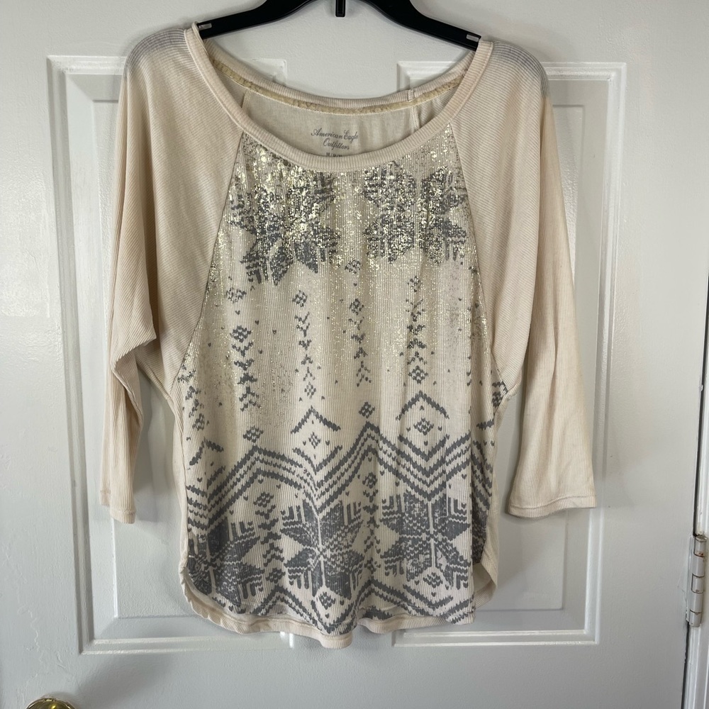 American eagle long sleeve waffle knit in cream and gray. - Picture 2 of 7